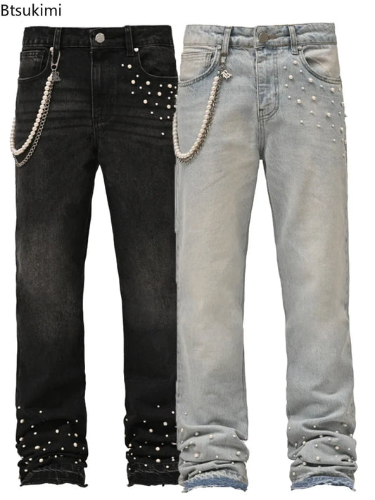 New American Retro Pearls Stacked Jeans Men's Fashion Street Straight Leg Stretchy Denim Pants Men Clothes Casual Baggy Trousers