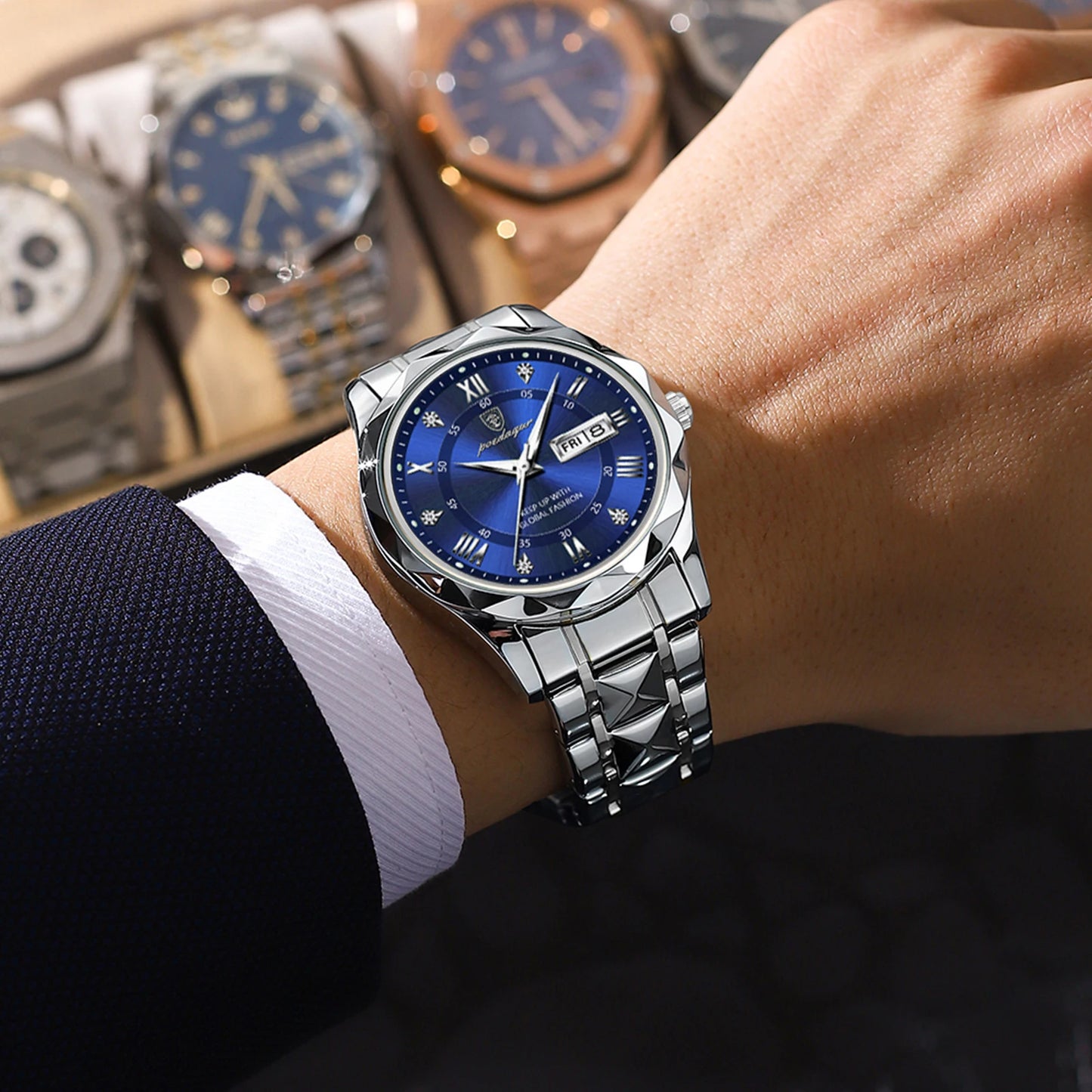 POEDAGAR Luxury Fashion Men's Quartz Watches Date Week Stainless Steel Watch For Man Waterproof Luminous High Quality Men Watch