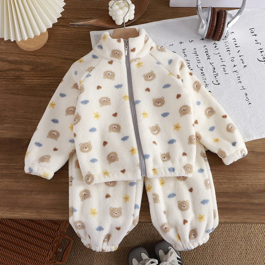 0-4 years old Toddler suit winter flannel home outdoor suit children pajamas boy girl cartoon thick coral velvet two-piece set