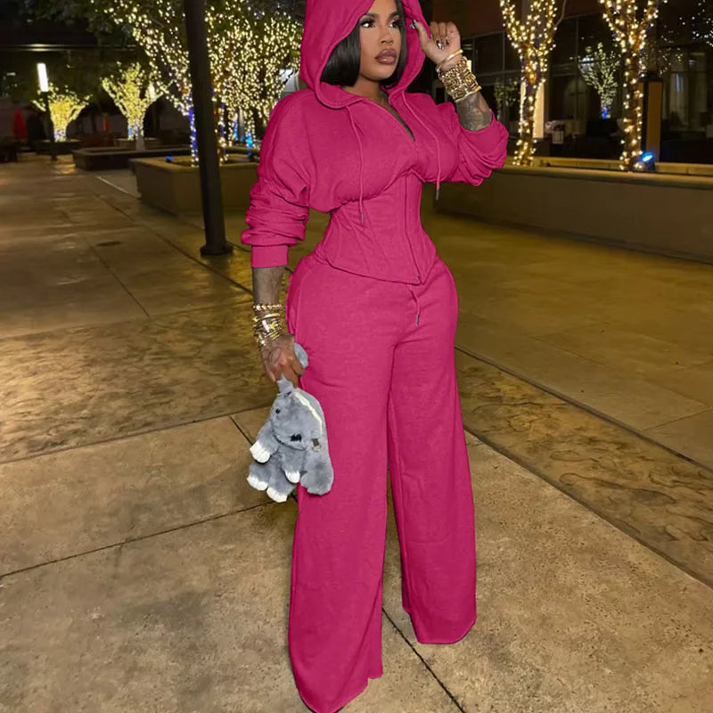 Streetwear Casual Tracksuit Woman Two Piece Set Sporty Zipper Hooded Lace-up Bandage Corset Jacket and Sweatpants Matching Sets