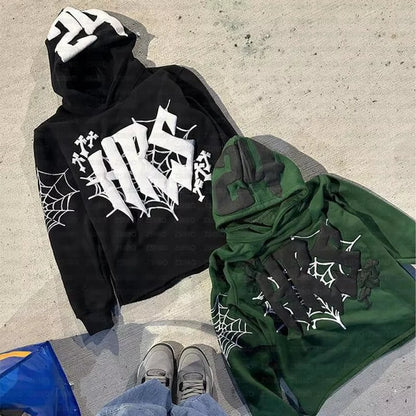 Y2k Hoodie Kpop Retro Street Fashion Hooded Pullover Letter Spider Web Printed Long Sleeved Sweatshirt Tops Men Women Clothing