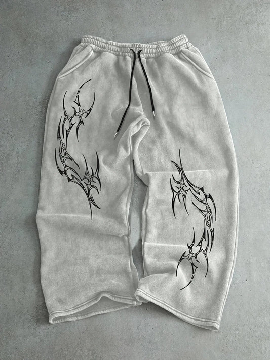 Gothic print elastic waist sweatpants stretchy casual street style retro casual straight leg sweatpants  men pants