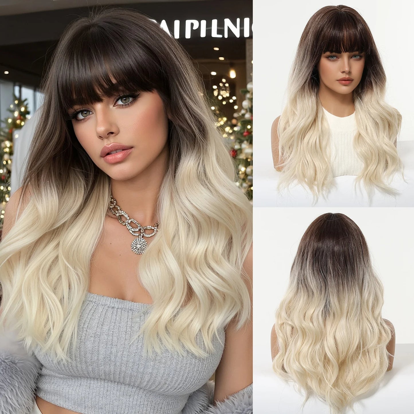 BLONDE UNICORN Synthetic Hair Wigs Long Wavy Orange with Bangs For Black White Women Heat Resistant Fiber Cosplay Party Wig