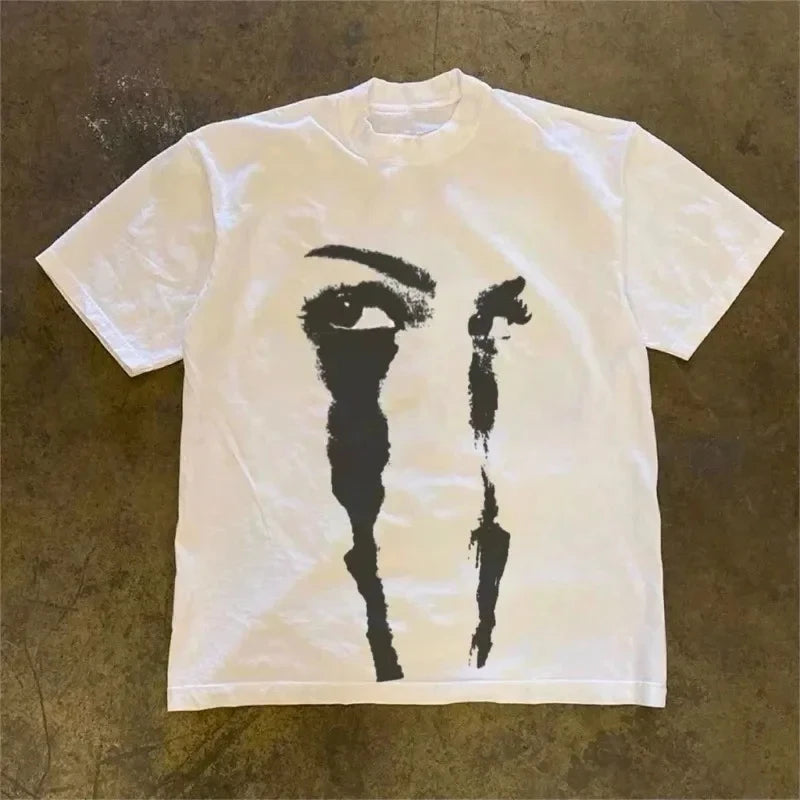 Fashion Brand Y2K American Eye Face Printed and Female Couples Small Design Sense Short-sleeved T-shirt Harajuku Gothic Top