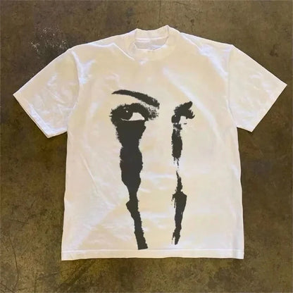 Fashion Brand Y2K American Eye Face Printed and Female Couples Small Design Sense Short-sleeved T-shirt Harajuku Gothic Top