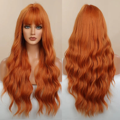 BLONDE UNICORN Synthetic Hair Wigs Long Wavy Orange with Bangs For Black White Women Heat Resistant Fiber Cosplay Party Wig