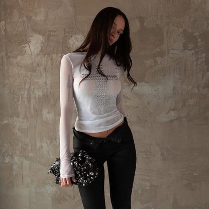 Gothic Graphic T Shirts Women Clothing Long Sleeve 2000s Clothes Y2k Slim Mesh Tops Autumn Spring Tees Female Chic