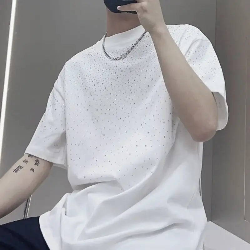 Summer Short Sleeved T-shirt Men's T-shirt Loose Round Neck Fashionable Trendy Brand Hot Diamond Half Sleeved Clothes