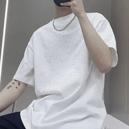 Summer Short Sleeved T-shirt Men's T-shirt Loose Round Neck Fashionable Trendy Brand Hot Diamond Half Sleeved Clothes