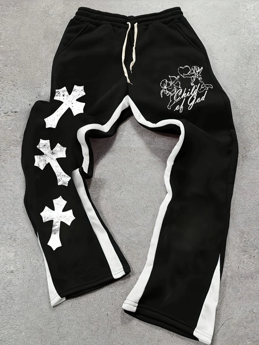 Men's Casual Street Style Trendy Cross Print Fashionable Slightly Flared Black and White Color-Block Design Sweatpants