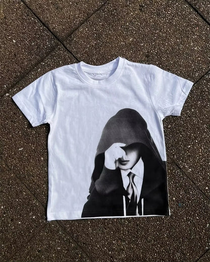 Mens Unisex White Cropped Tee Shirt Y2K Hip Hop Portrait Print Oversized Short Sleeve Tee with Crew Neck Loose Fit Streetwear
