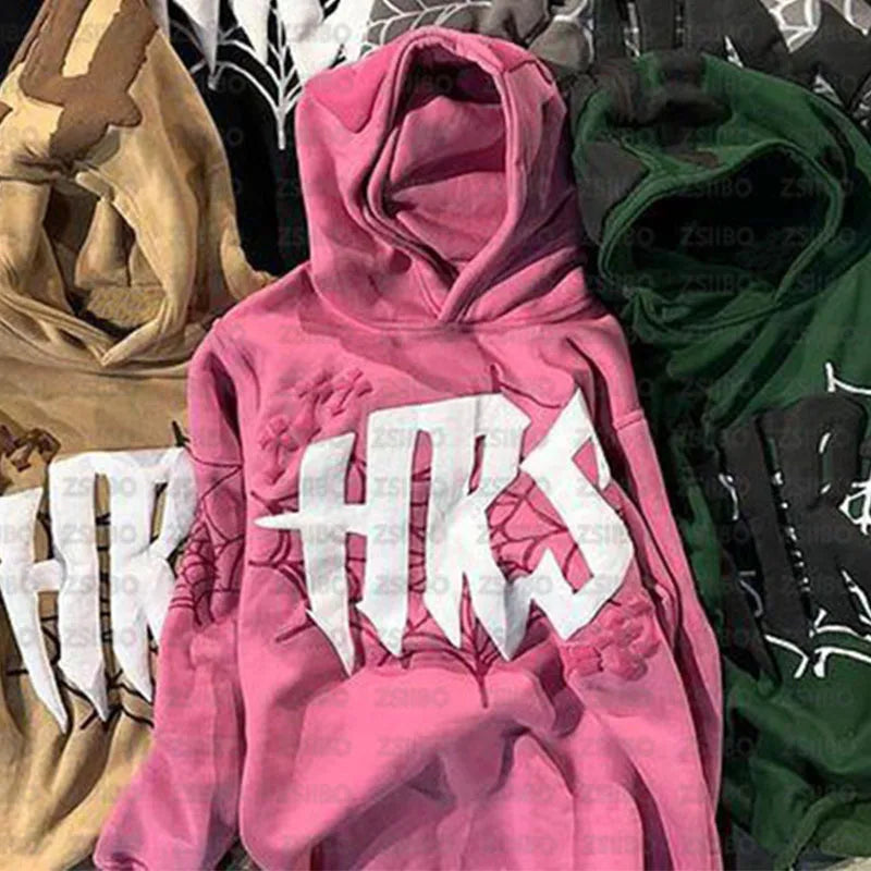 Y2k Hoodie Kpop Retro Street Fashion Hooded Pullover Letter Spider Web Printed Long Sleeved Sweatshirt Tops Men Women Clothing