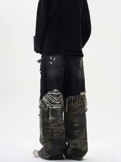 Hip-hop high street fashion diagonal breasted dark men jeans trendy camouflage patchwork high-waisted jeans casual loose pants