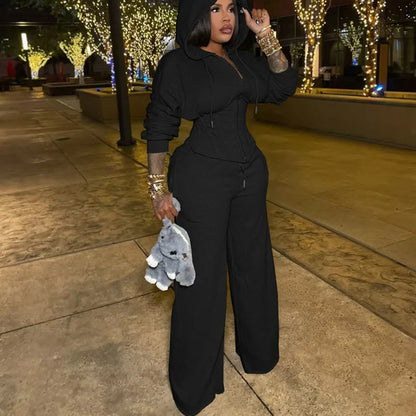 Streetwear Casual Tracksuit Woman Two Piece Set Sporty Zipper Hooded Lace-up Bandage Corset Jacket and Sweatpants Matching Sets