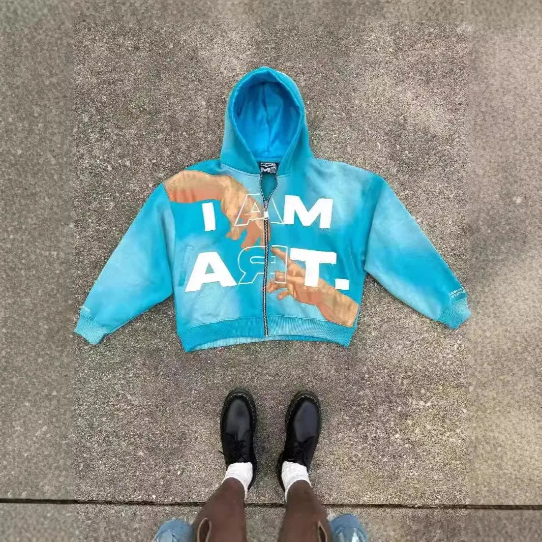 Y2K streetwear sweatshirt with letter print, zipper hoodie, autumn and winter loose sweatshirt for men