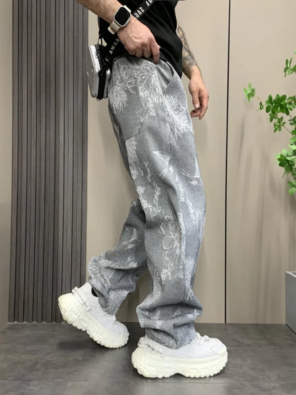 Men's Summer New Vintage High-End Straight Floral Loose Personal Style Trendy Casual Pants Autumn Winter Fashion Y2k Trousers