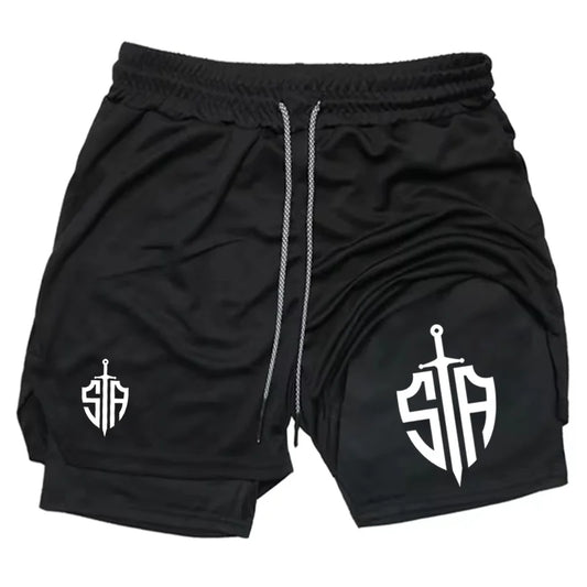 Graphic 2 in 1 Workout Running Shorts for Men Athletic Quick Dry Shorts with Phone Pocket Towel Loop Gym Shorts Activewear WX161