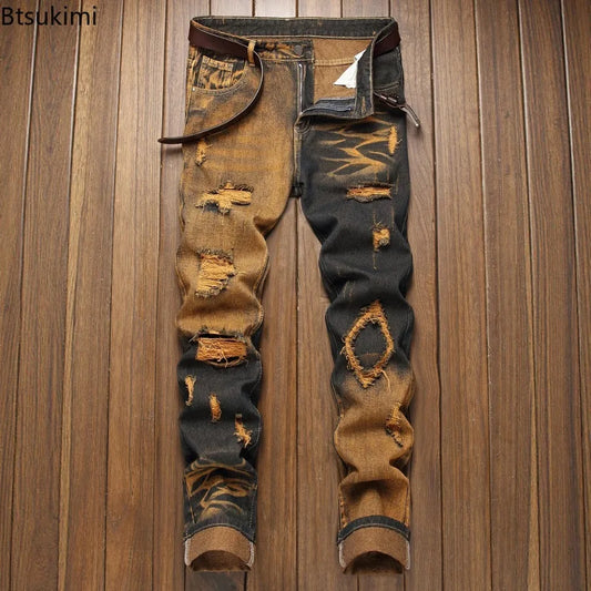 New Retro Jeans Men's Ripped Straight Leg Pants Ripped Jeans Fashionable Casual Pants Trousers Pants Male Street Wear Clothing