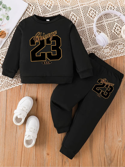 Toddler 2-Piece Outfit | Chicago Number 23 Print Long Sleeve Top + Black Pants | Spring Autumn Kids Sports Clothing Set