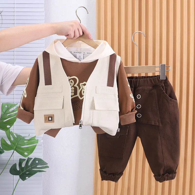 Toddler Outfits 2023 Spring Autumn Baby Boy Clothes Casual Zipper Cardigan Vest + Hooded Hoodies + Pants 3 Piece Set Kids Suit