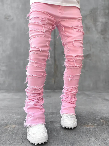 Stretchy Vintage Blue Stacked Jeans For Men Premium Raw Frayed Denim Destroyed Washed Patchworks Pants New