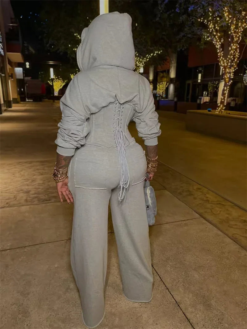 Streetwear Casual Tracksuit Woman Two Piece Set Sporty Zipper Hooded Lace-up Bandage Corset Jacket and Sweatpants Matching Sets