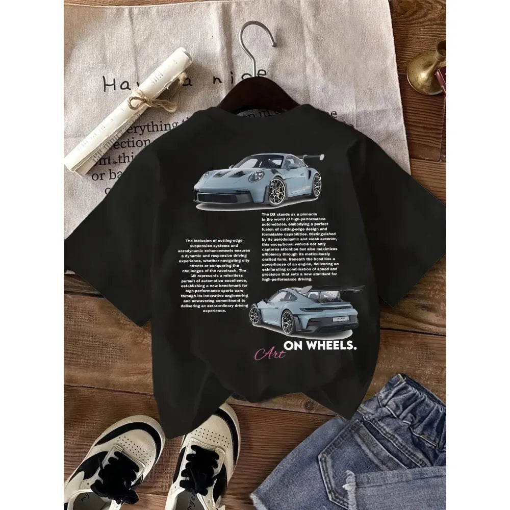 Casual Graphic Tee - Black Car Print with On Wheels Text Crew Neck All Season Comfort Fit  Women's T-Shirt Casual Clothes