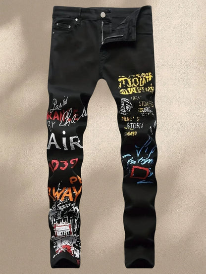 Street casual wear, men's jeans, fashionable printed patterns, classic style trousers with cinched waist design. Black color