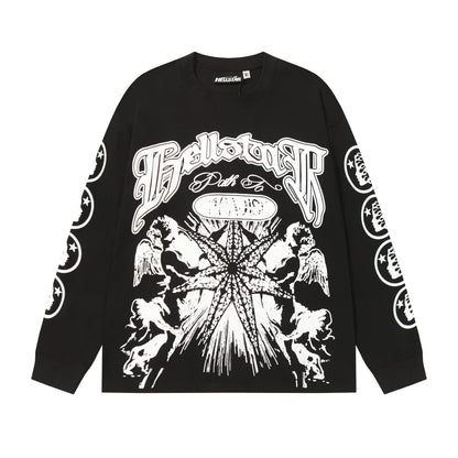 American Style Hell Star Little Angel Letter Print High Street Loose Men Women Base Long Sleeve T-Shirt Spring Autumn