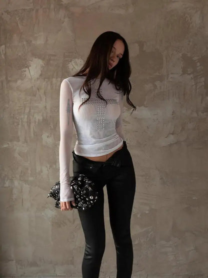 Gothic Graphic T Shirts Women Clothing Long Sleeve 2000s Clothes Y2k Slim Mesh Tops Autumn Spring Tees Female Chic