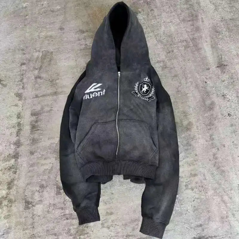 American Retro Letter Print Zipper Hoodie Men's Trendy Oversized Streetwear Sweatshirt  Punk Harajuku High Street Brand
