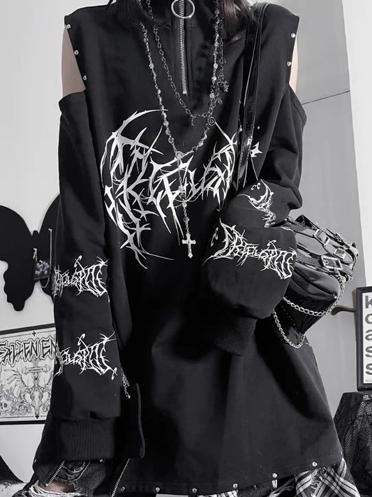 HOUZHOU Y2k Black Goth Graphic Women Sweatshirts Punk Harajuku Off Shoulder Japanese Style Pullovers Grunge Aesthetic Oversized