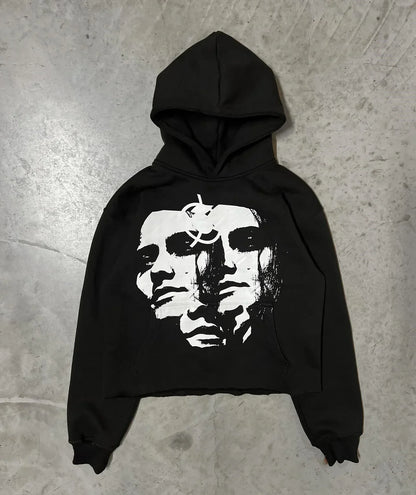 Trendy retro street style portrait print long sleeved loose hoodie for men and women, millennium gothic Harajuku style pullover