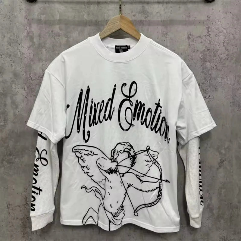 Mixed Emotion Angel Print Splicing Long Sleeves T Shirt Men Women Classic Letters Logo Rhinestone T-Shirts Long Sleeve