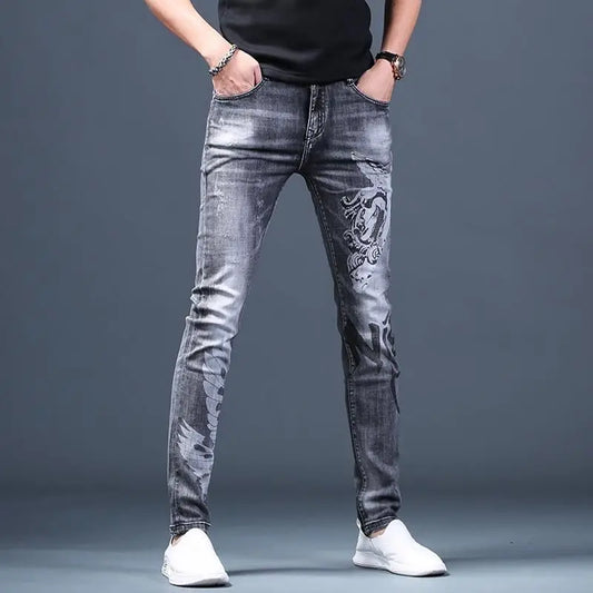 Trendy Luxury Clothing Men Korean Casual Denim Jeans Printed Patterns Slim Designer Spring Autumn Streetwear Cotton Trousers
