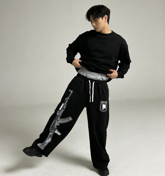 European and American Street Fashion Printed Trousers Embroidered Double Waist Casual All-match Trousers