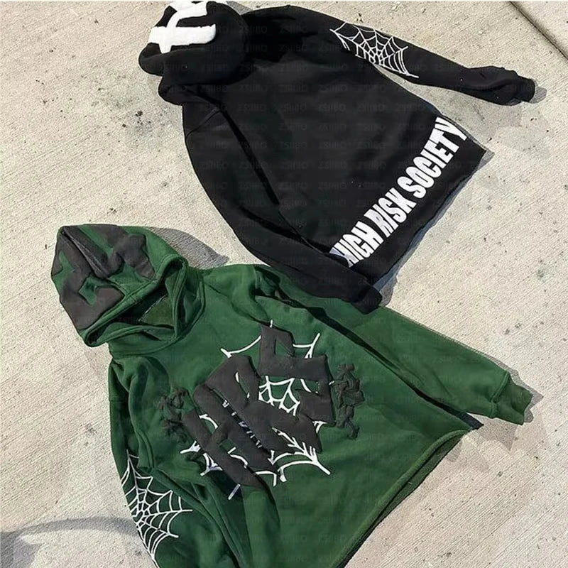 Y2k Hoodie Kpop Retro Street Fashion Hooded Pullover Letter Spider Web Printed Long Sleeved Sweatshirt Tops Men Women Clothing
