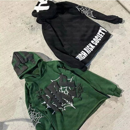 Y2k Hoodie Kpop Retro Street Fashion Hooded Pullover Letter Spider Web Printed Long Sleeved Sweatshirt Tops Men Women Clothing