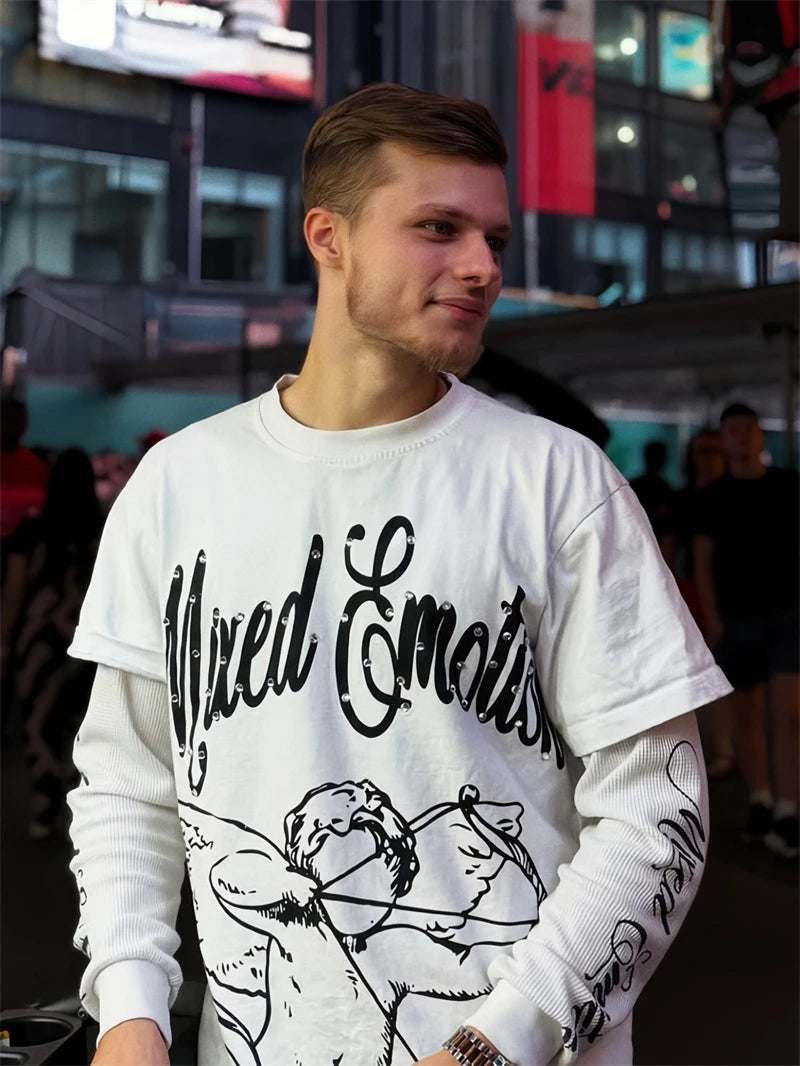 Mixed Emotion Angel Print Splicing Long Sleeves T Shirt Men Women Classic Letters Logo Rhinestone T-Shirts Long Sleeve