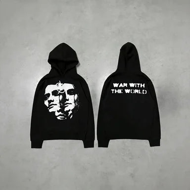 Trendy retro street style portrait print long sleeved loose hoodie for men and women, millennium gothic Harajuku style pullover
