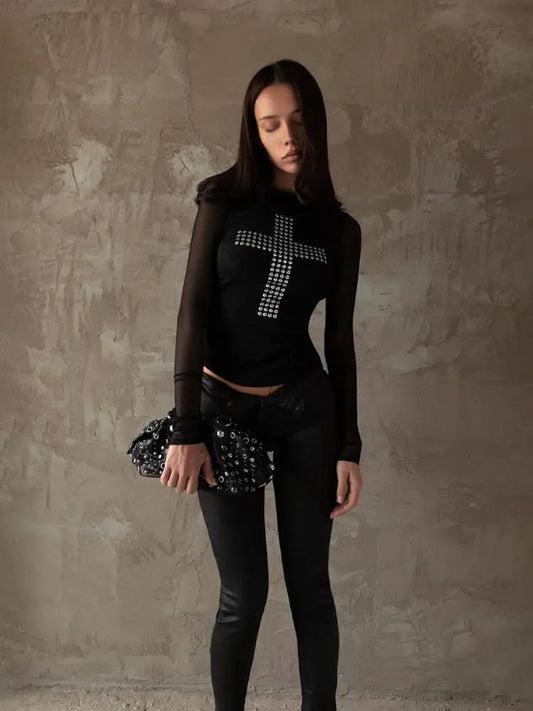 Gothic Graphic T Shirts Women Clothing Long Sleeve 2000s Clothes Y2k Slim Mesh Tops Autumn Spring Tees Female Chic
