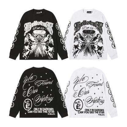 American Style Hell Star Little Angel Letter Print High Street Loose Men Women Base Long Sleeve T-Shirt Spring Autumn