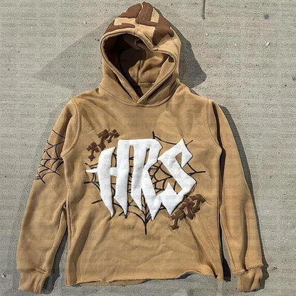 Y2k Hoodie Kpop Retro Street Fashion Hooded Pullover Letter Spider Web Printed Long Sleeved Sweatshirt Tops Men Women Clothing