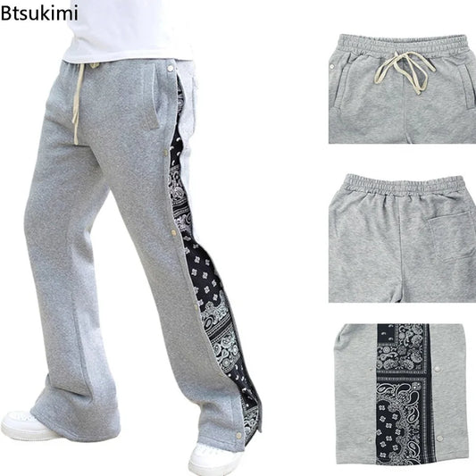 2026 Fashion Graphic Print Patchwork Pants for Men Casual Loose Drawstring Straight Trousers Men Trend Streetwear Hip Hop Pants