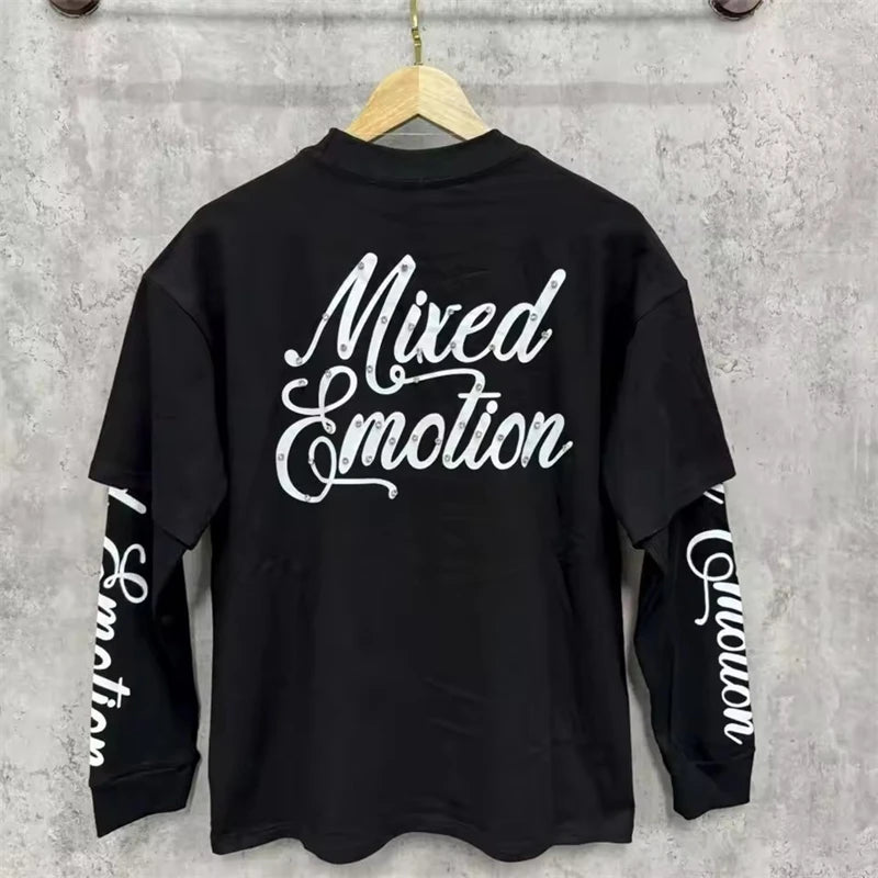 Mixed Emotion Angel Print Splicing Long Sleeves T Shirt Men Women Classic Letters Logo Rhinestone T-Shirts Long Sleeve