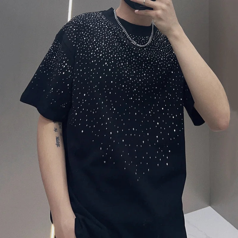 Summer Short Sleeved T-shirt Men's T-shirt Loose Round Neck Fashionable Trendy Brand Hot Diamond Half Sleeved Clothes