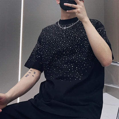 Summer Short Sleeved T-shirt Men's T-shirt Loose Round Neck Fashionable Trendy Brand Hot Diamond Half Sleeved Clothes