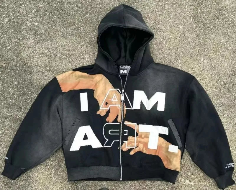 Y2K streetwear sweatshirt with letter print, zipper hoodie, autumn and winter loose sweatshirt for men