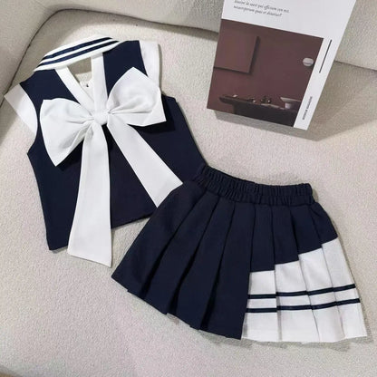 Toddler Girls' 2-Piece Summer Set - Sleeveless Tie-Back Top + Pleated Skirt, Breathable Cotton Outfit Kids Boutique Clothes