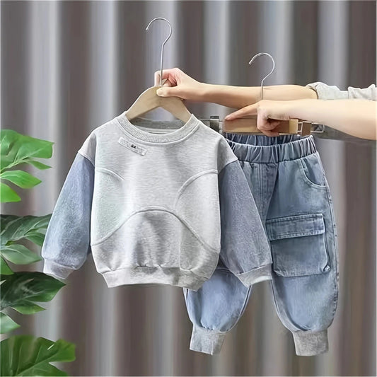 Baby Boys Clothes Toddler Casual Outfits for Children Two Piece Suit Solid Color Hoodie+Denim Pants